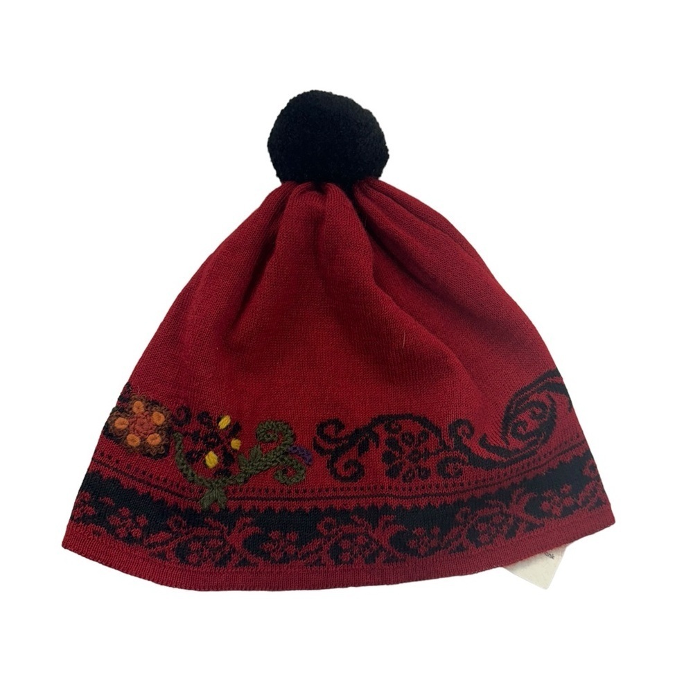Black Red Floral Alpaca Ski Hat Handcrafted in Peru